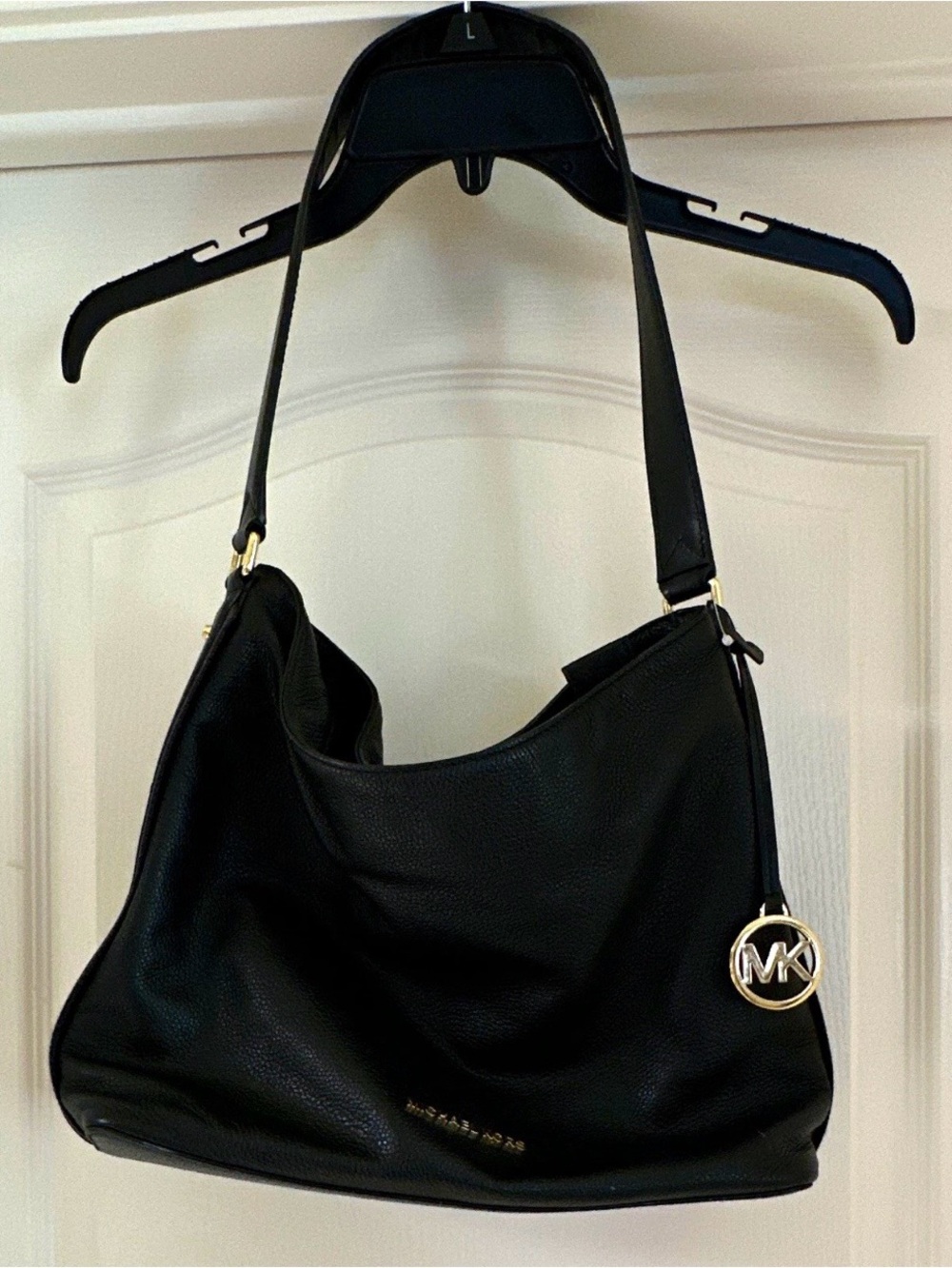 Michael Kors Black Pebbled Leather Hobo with Gold MK Charm